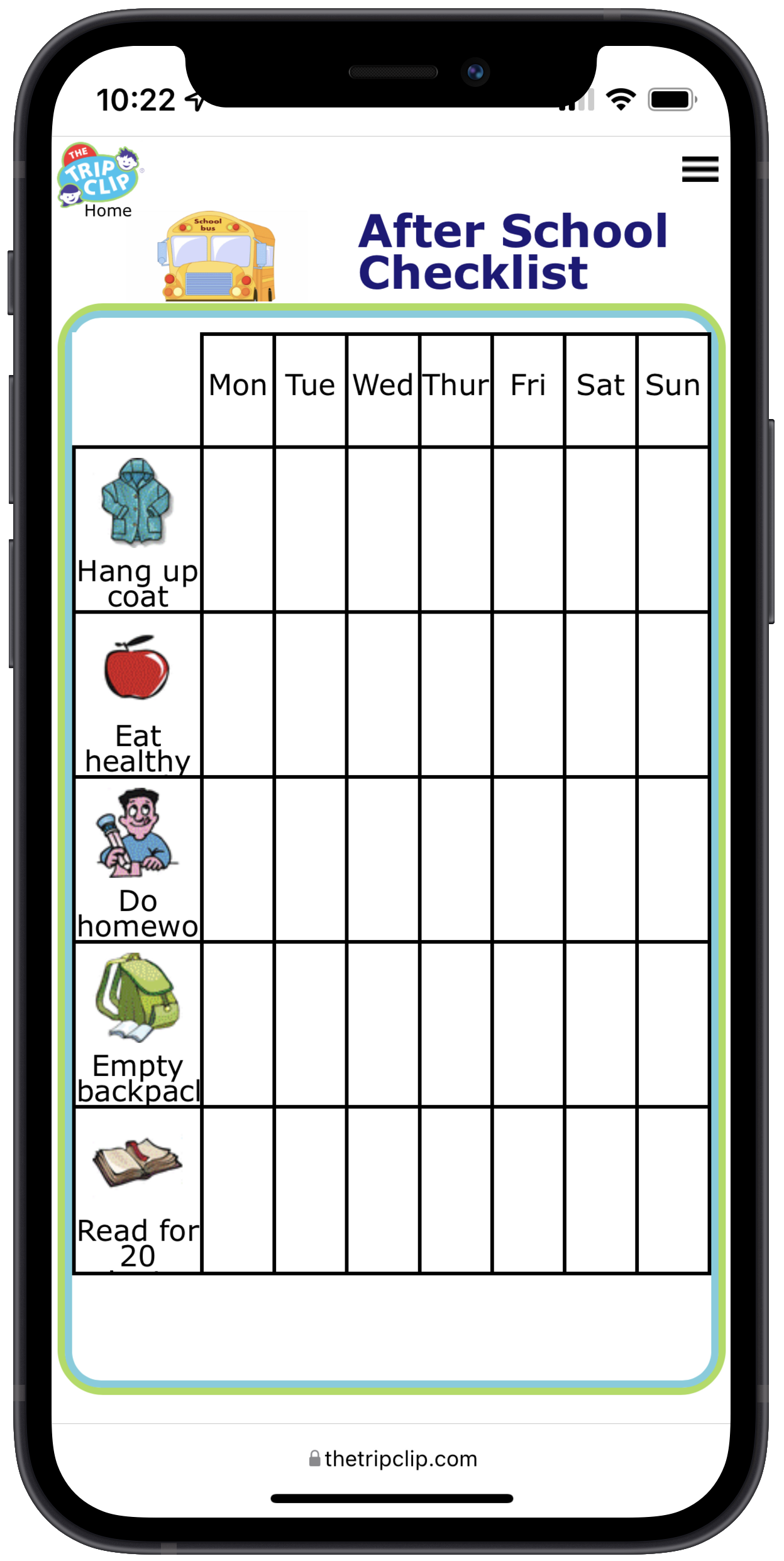 Picture checklist with clipart showing a weekly after school checklist for kids